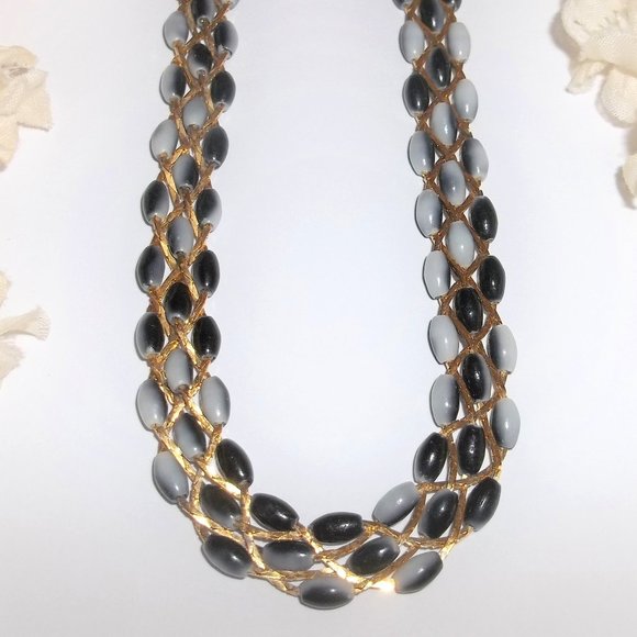 Vintage Jewelry - Vintage Necklace Beaded Gold Black Grey Ombre Beaded Woven Braided Jewelry A432